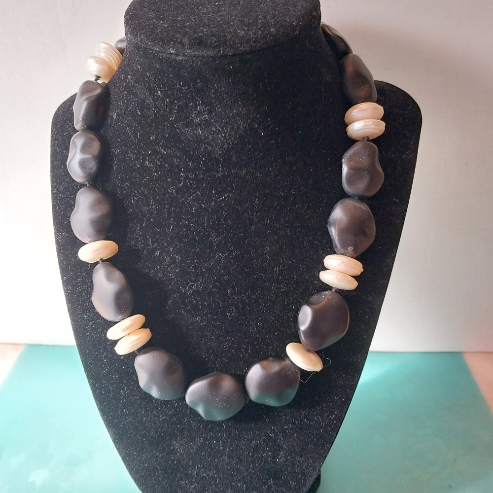 17.5" 20mm Black Jasper and Mothers of pearl knotted necklace w/925 clasp